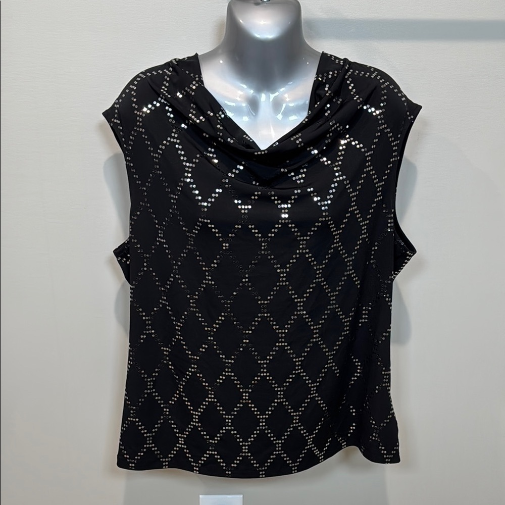 Jones Studio Black Graphic Blouse with Sequins Relaxed Style